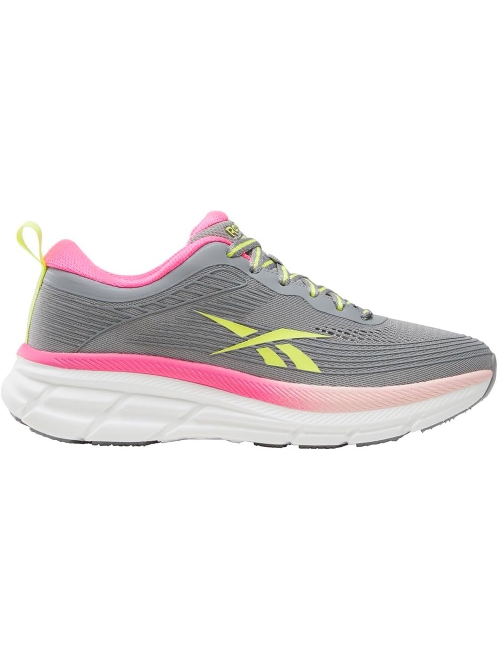 Reebok Women's Gray Shoe with Pink and Neon Yellow Accents